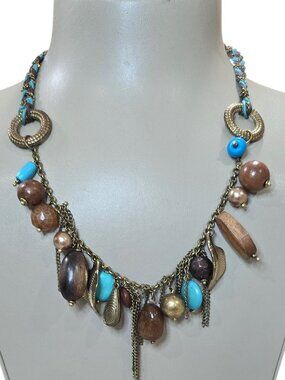 Stephan & Co Bohemian Brown Blue Braided Charm Wood Necklace NWT